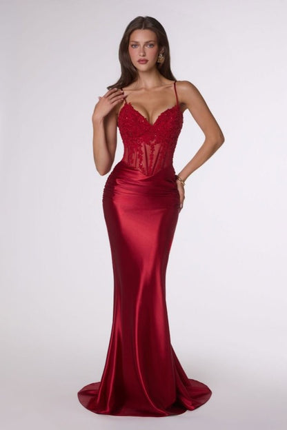 EMBELLISHED CORSET MAXI SATIN COCKTAIL DRESS
