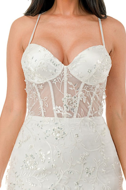 FLORAL SEQUIN CORSET MERMAID MAXI COCKTAIL DRESS