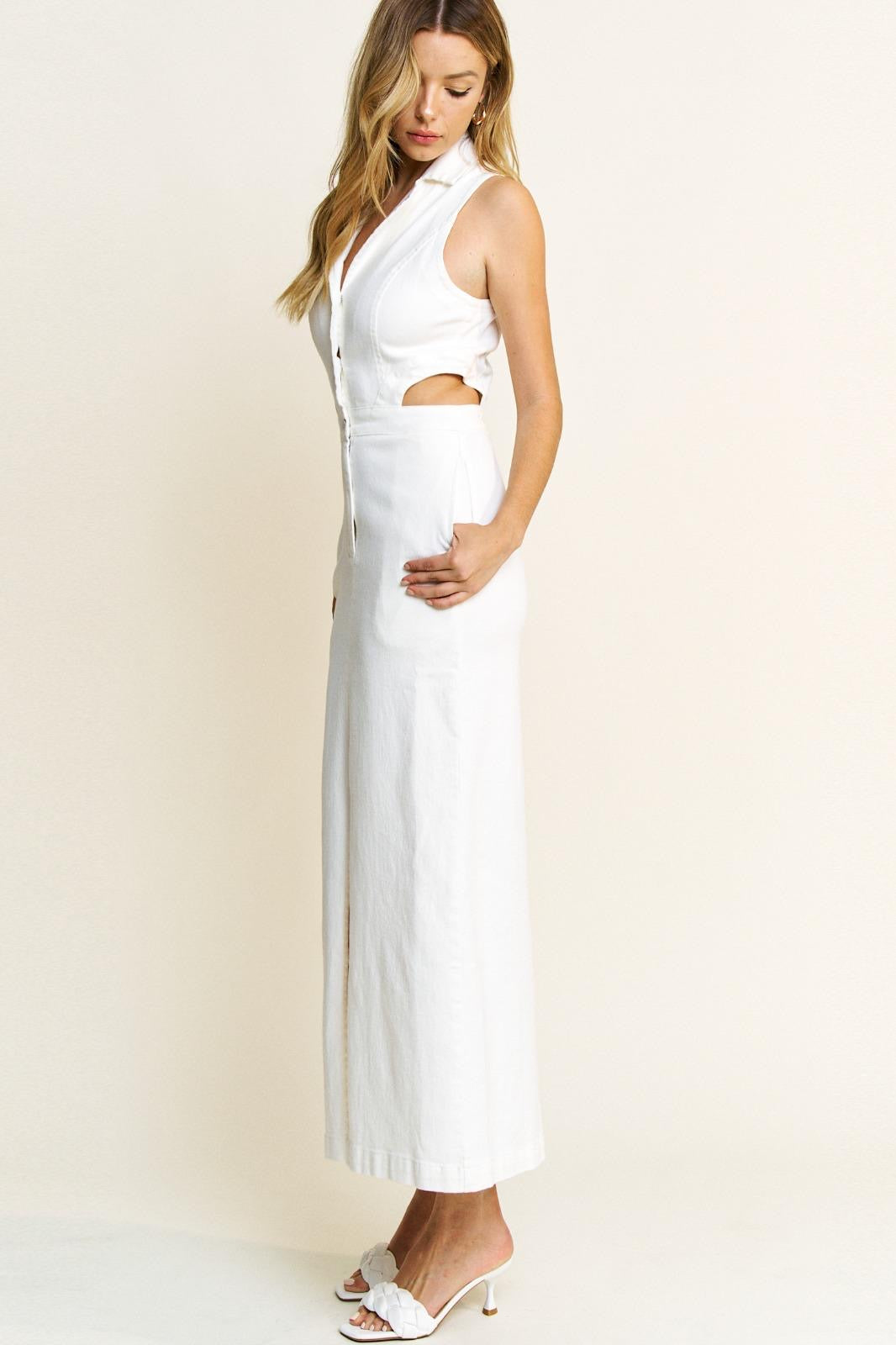 DENIM COLLAR CUT OUT MAXI DRESS