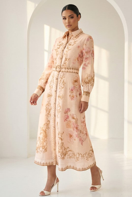 PRINTED LONG SLEEVES BELTED DRESS