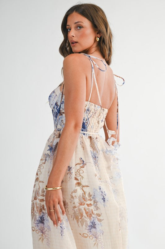 FLORAL CHIFFON TIE-STRAP MIDI SUMMER DRESS