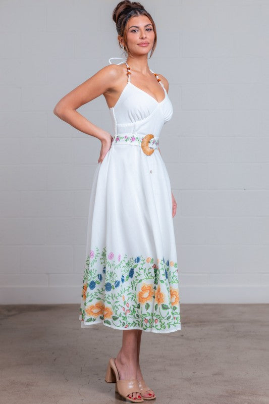 HALTER NECK LINEN FLORAL MIDI SUMMER DRESS