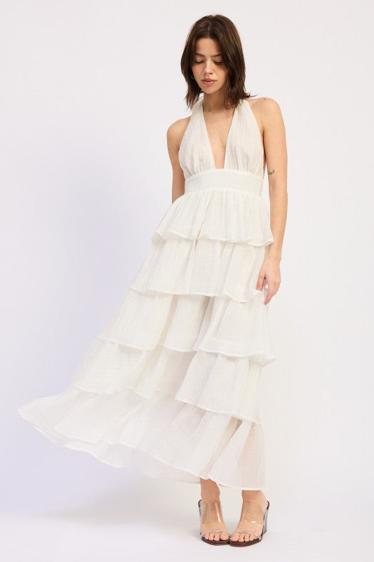 HALTER TIERED MIDI DRESS WITH NECK TIE