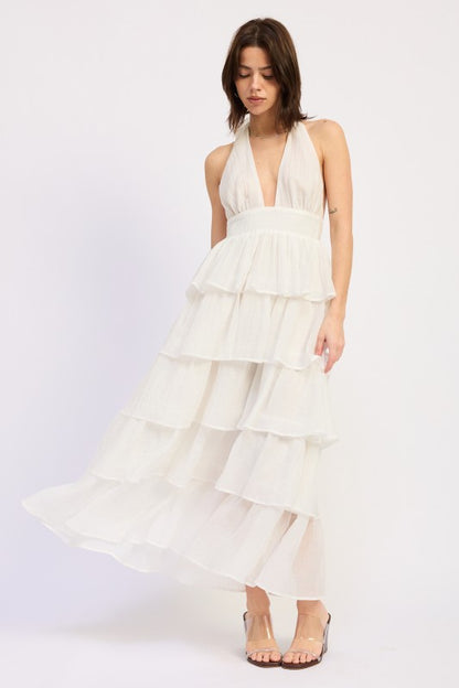 HALTER TIERED MIDI DRESS WITH NECK TIE