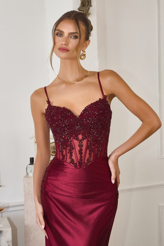 EMBELLISHED CORSET MAXI SATIN COCKTAIL DRESS