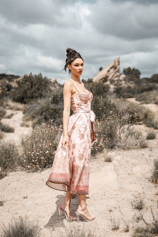 SWEETHEART NECK SPAGHETTI STRAP PRINTED MIDI DRESS