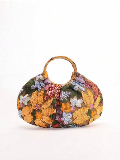 PVC SEQUINS PLEATED CLOUD MESH EMBROIDERED CLUTCH BAG