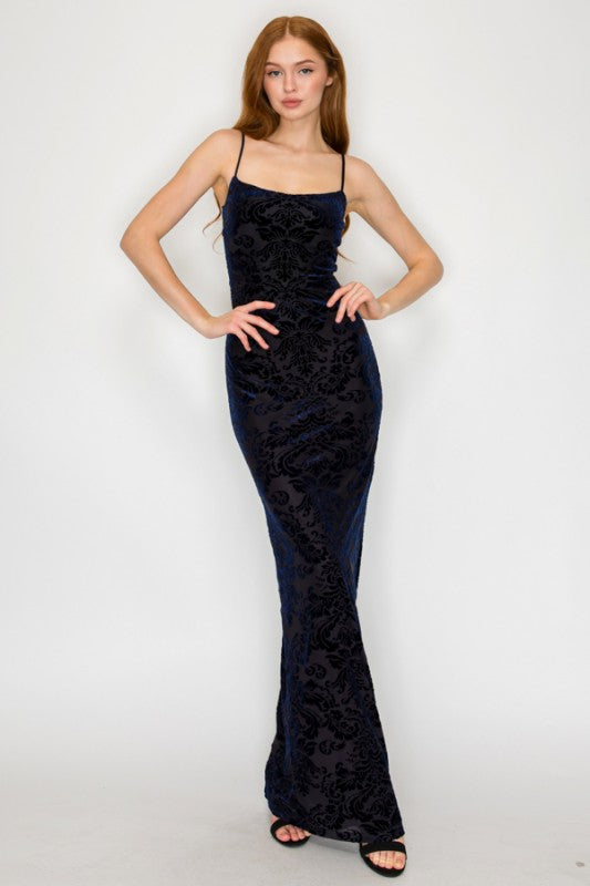 VELOUR FLORAL CROSSED BACK MERMAID MAXI PARTY DRESS