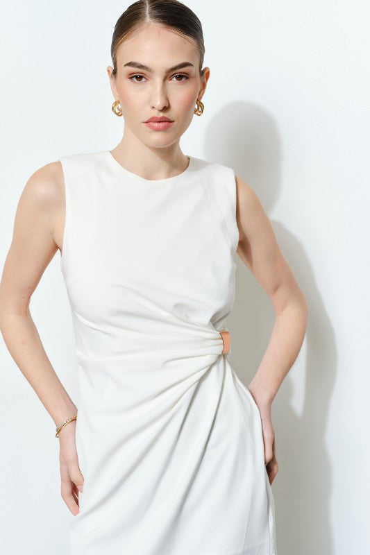 SLEEVELESS DRAPED GOLD ACCENT MIDI DRESS