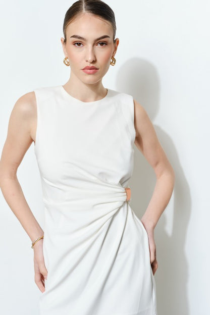 SLEEVELESS DRAPED GOLD ACCENT MIDI DRESS