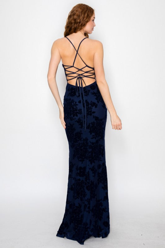 VELOUR FLORAL MERMAID MAXI PARTY DRESS