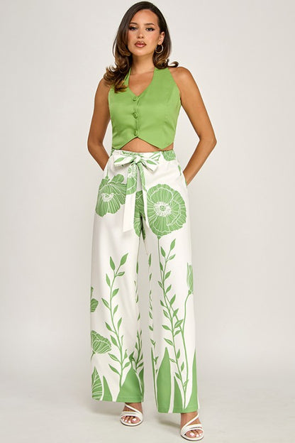 SLEEVELESS HALTER NECK SATIN VEST PANTS SET