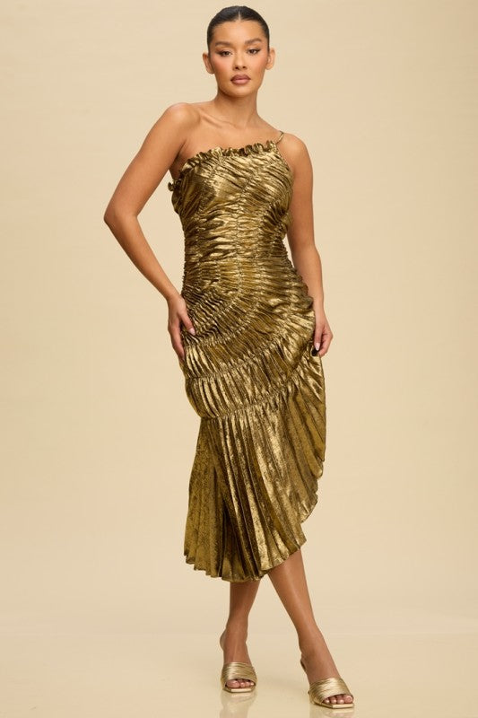 metallic asymmetrical dress Bronze MissPap Asymmetric Neck Metallic Maxi Dress