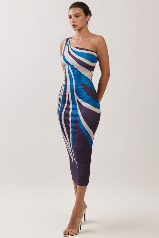 ABSTRACT ONE SHOULDER TUBE MIDI DRESS