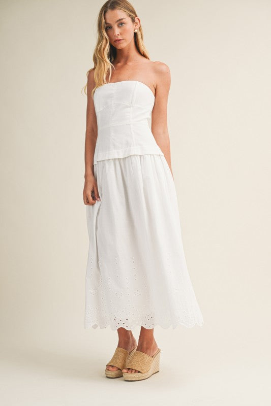 STRAPLESS EYELET SCALLOP HEM TWOFER MIDI DRESS
