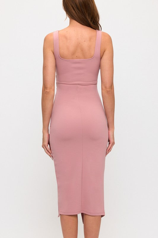 PLEATED SIDE WRAP MIDI DRESS