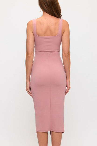 PLEATED SIDE WRAP MIDI DRESS