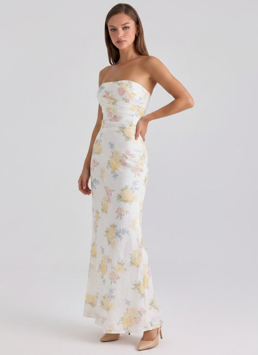 PRINTED JACQUARD PLEATED BODICE DETAIL MERMAID MAXI DRESS