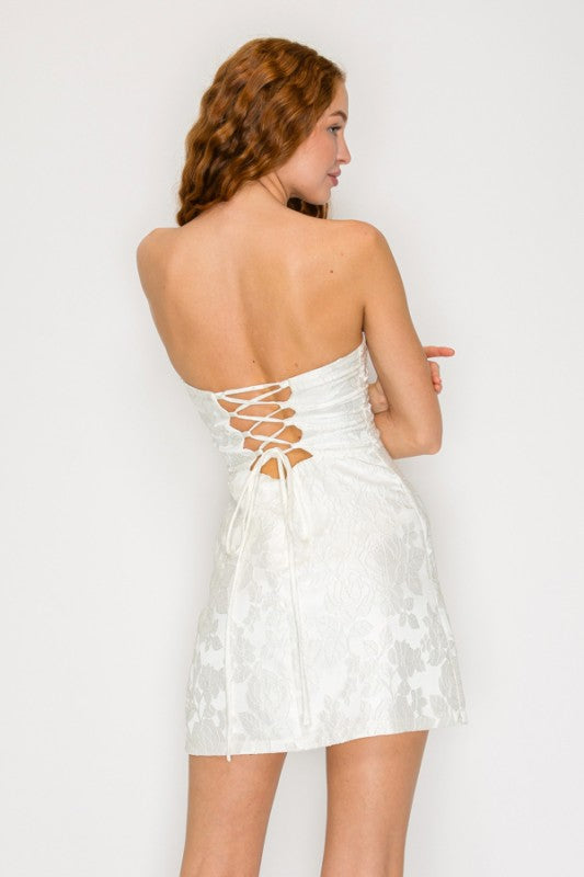 FLORAL JACQUARD STRAPLESS MINI PARTY DRESS