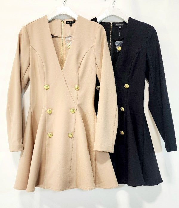 V NECK BLAZER DRESS WOTH GOLD BUTTONS