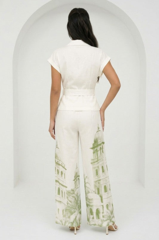 SOLID V-NECK BELTED TOP PRINTED PANTS SET