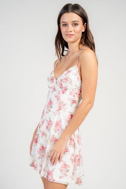 FIT AND FLARE MINI PRINTED DRESS WITH LACE UP BACK