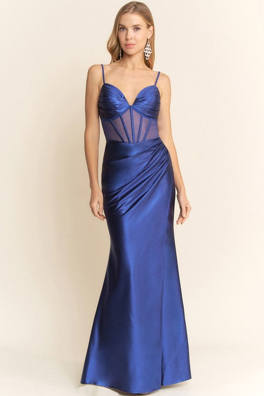 MESH CORSET BODICE MAXI SATIN COCKTAIL DRESS