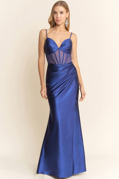 MESH CORSET BODICE MAXI SATIN COCKTAIL DRESS