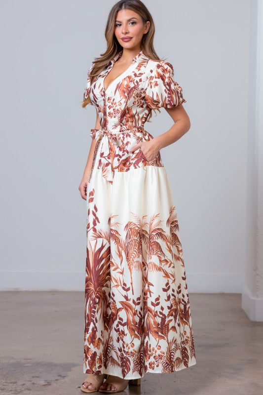 LEAF PRINT TIERED MAXI DRESS