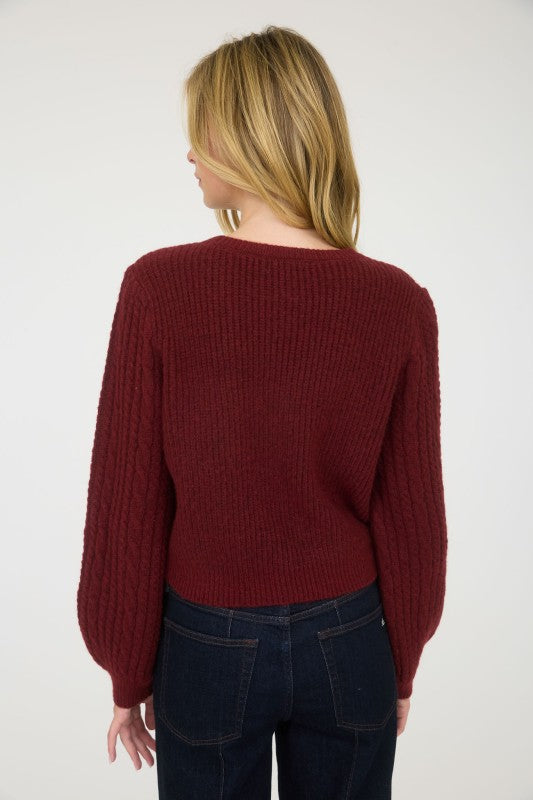 CABLE KNIT FRONT VELVET BOW DETAIL KNIT SWEATER