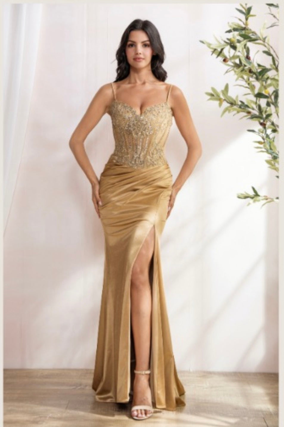 APPLIQUÉ BEADED BODY WITH LACE UP BACK SATIN SKIRT MAXI COCKTAIL DRESS