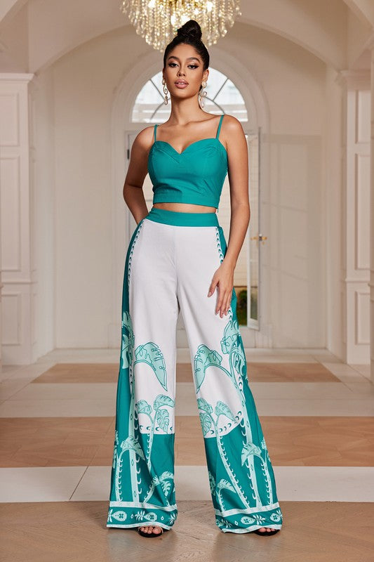 PRINTED MATCHING CROP TOP PANTS SET