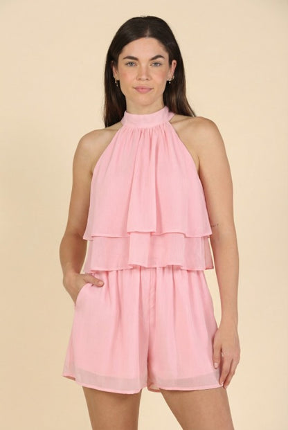 CHIFFON MOCK NECK LAYERED TIE BACK ROMPER