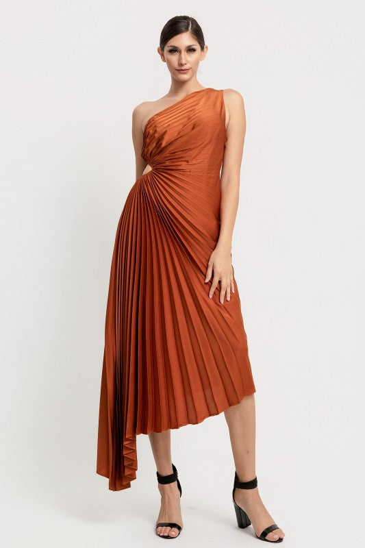 SOLID RUCHED PLEATED ONE SHOULDER HI LOW DRESS