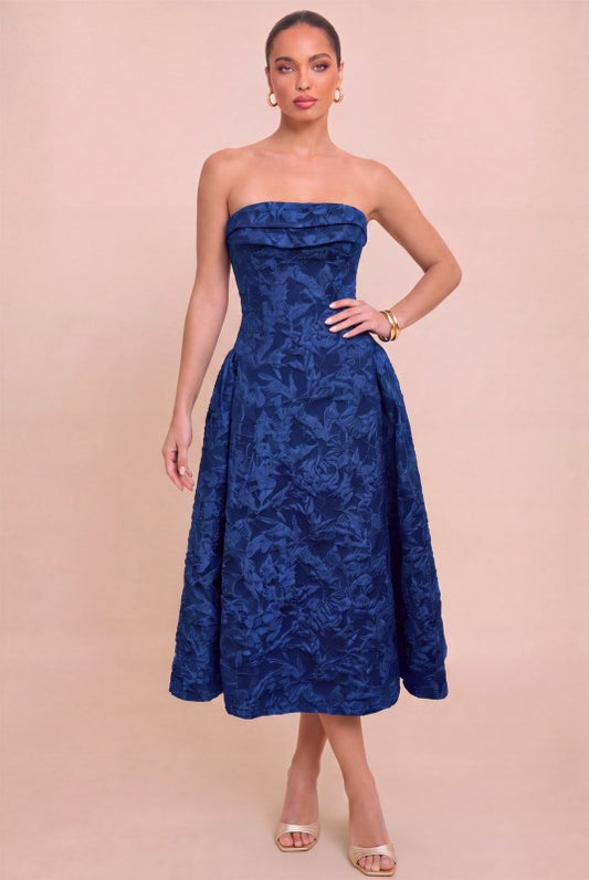 TEXTURED PUFF MIDI PARTY DRESS