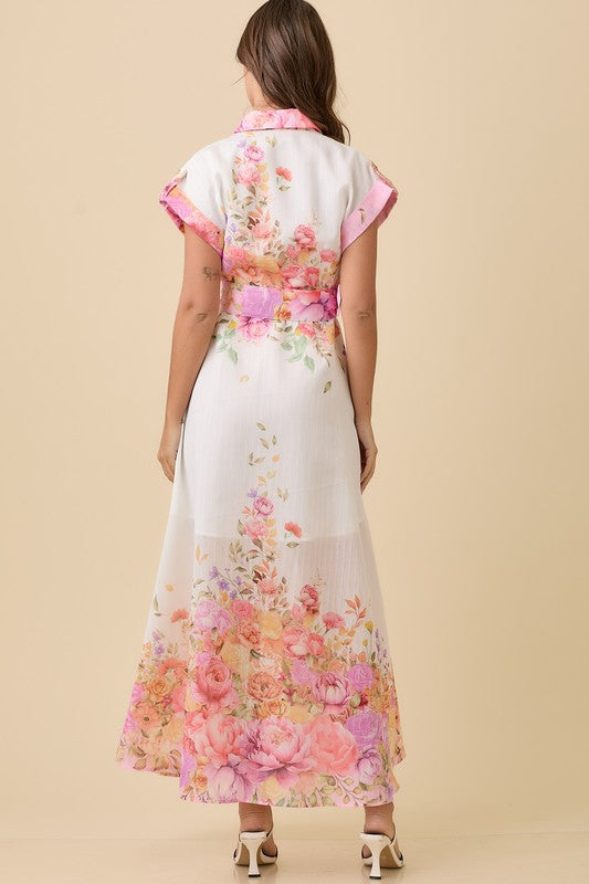 FLORAL LAPEL COLLAR BUTTON DOWN SUMMER MAXI DRESS