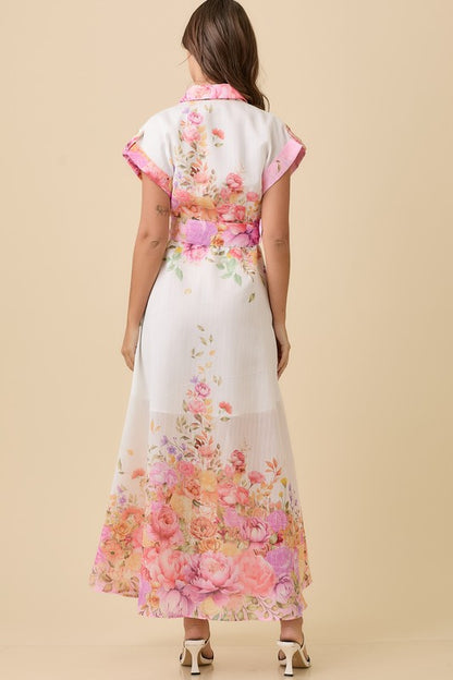 FLORAL LAPEL COLLAR BUTTON DOWN SUMMER MAXI DRESS