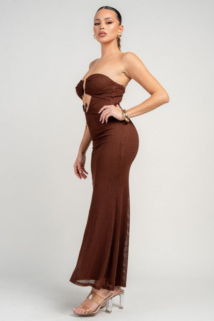 LACE W/ STONE STRING BUST CUTOUT TUBE ANKLE DRESS