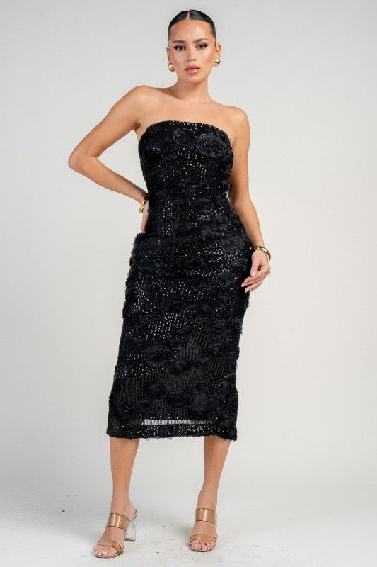 RIBBON 3D FLORAL SEQUINS LACE MIDI DRESS