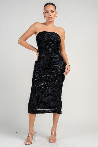 RIBBON 3D FLORAL SEQUINS LACE MIDI DRESS