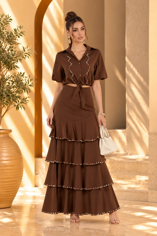 RHINESTONE TRIM TIE FRONT SHIRT AND SKIRT SET
