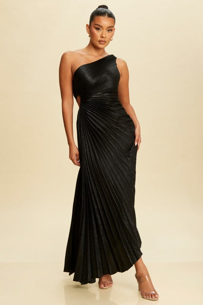 METALLIC PLEATED ONE SHOULDER DRESS