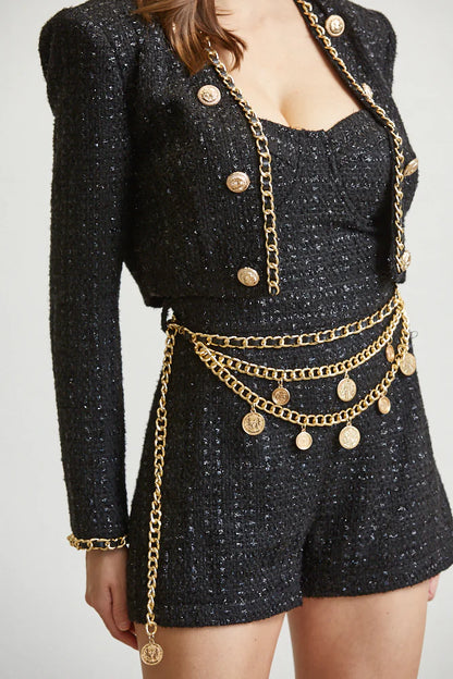 BELTED GLITTER ROMPER WITH CROP JACKET SET