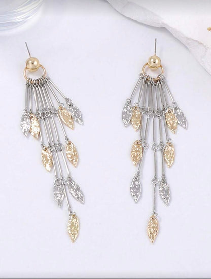 LUXURY GEOMETRIC LEAF & TASSEL METAL LONG DANGLE EARRINGS
