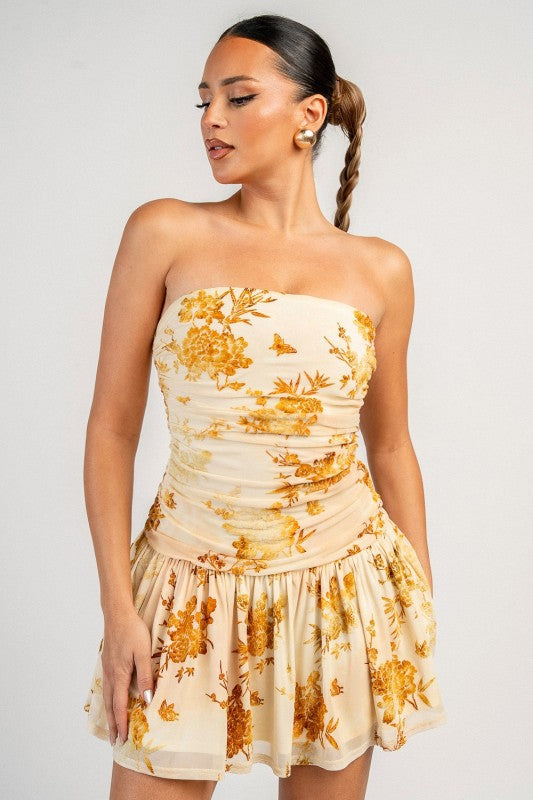 FLOCKING MESH PRINT MINI SUMMER DRESS