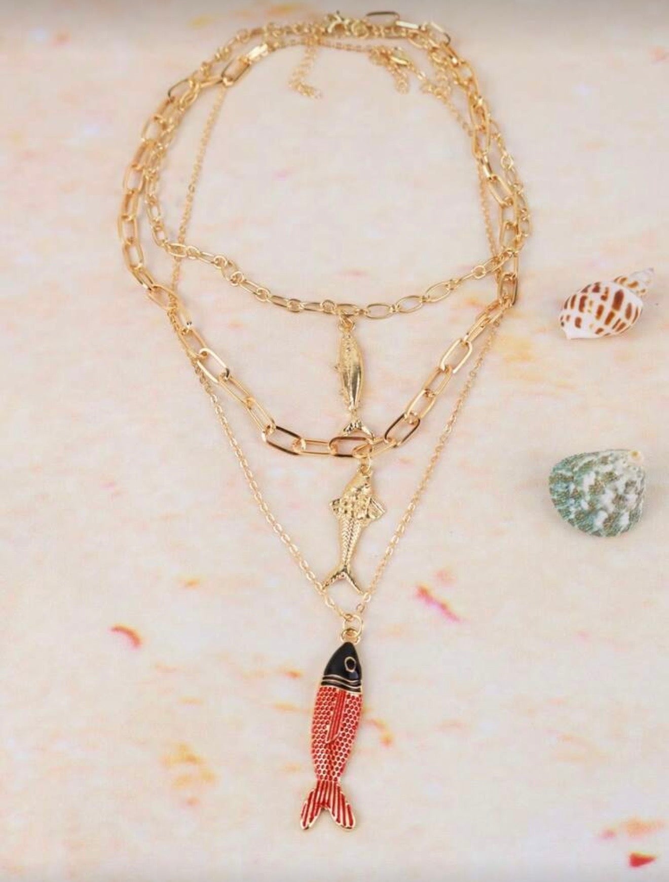 3 PCS VINTAGE FISH PENDANT GOLD NECKLACES