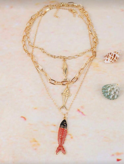 3 PCS VINTAGE FISH PENDANT GOLD NECKLACES