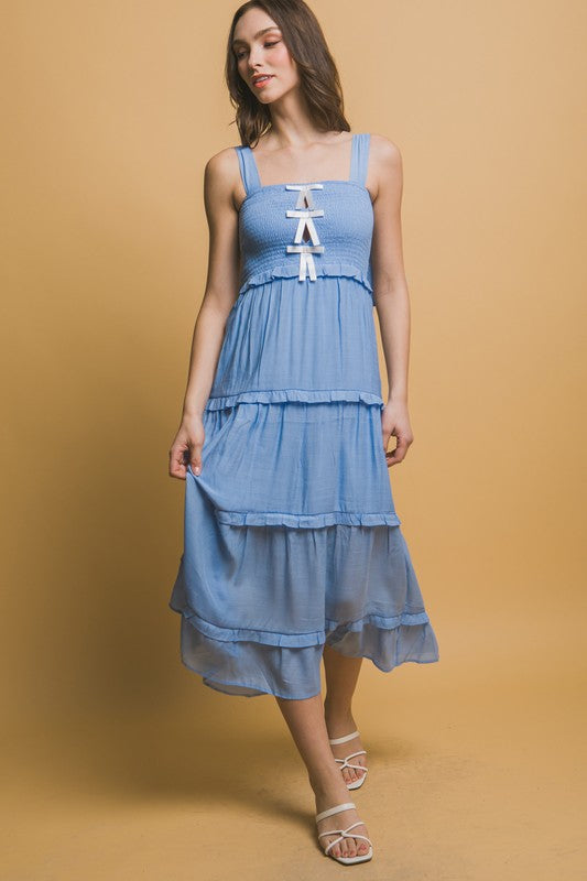 BOW STRAP TIERED MIDI DRESS