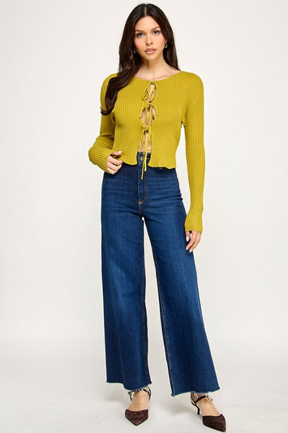 LONG SLEEVE SWEATER CROP TOP WITH TRIPLE FRONT TIES