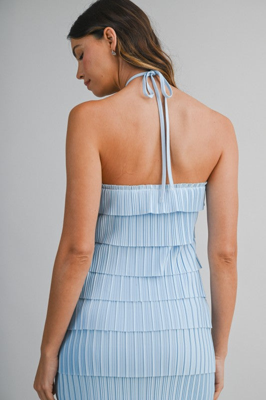 PLEATED HALTER LAYERED DIAGONAL RUFFLE MIDI DRESS